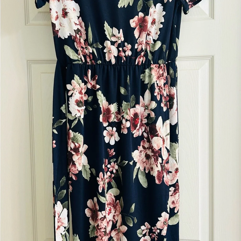 Chris and Carol Navy Floral Midi Dress with Pink Blossoms - Picture 2 of 9